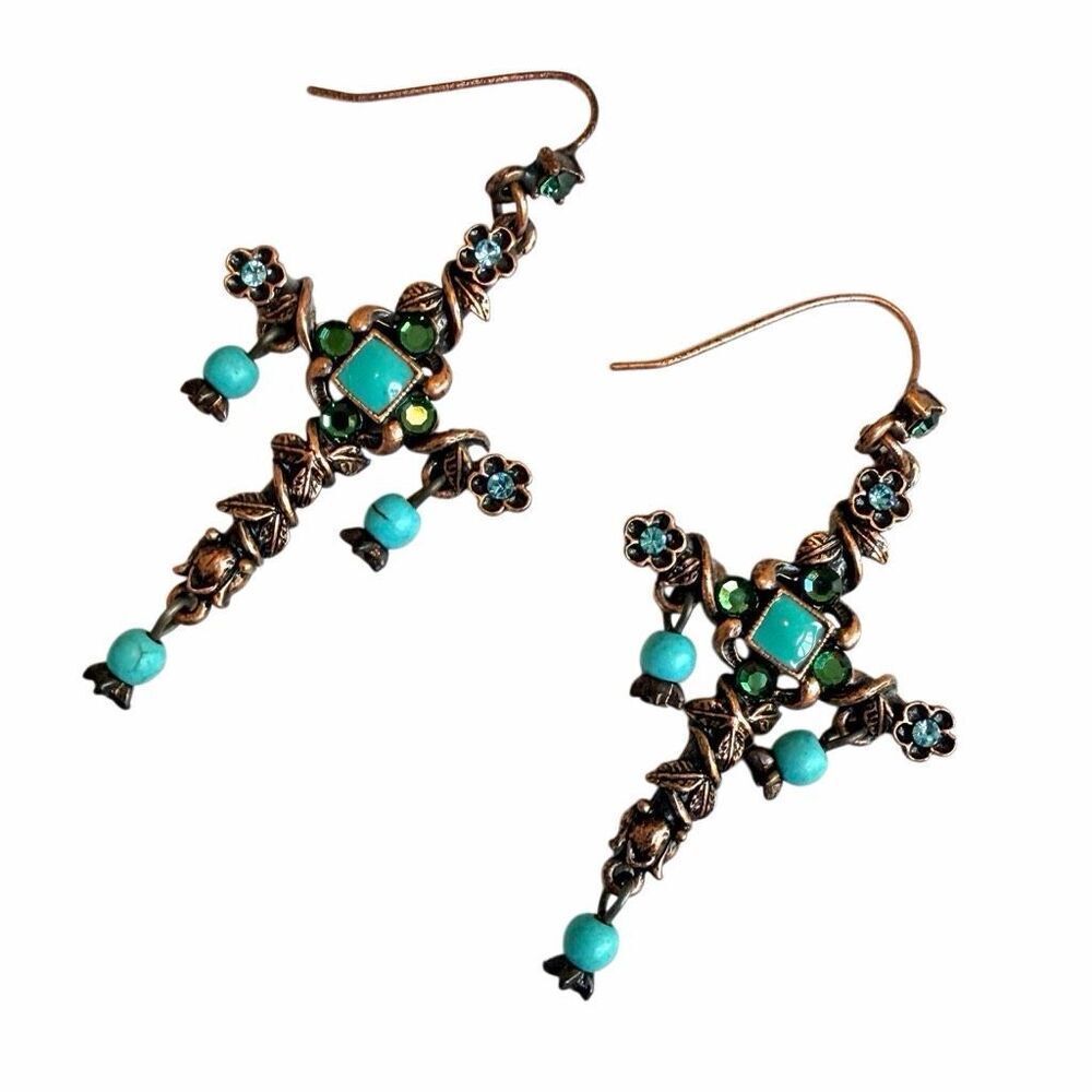 Sweet Romance Las Cruces Cross Earrings Turquoise Bead Dangle Southwestern